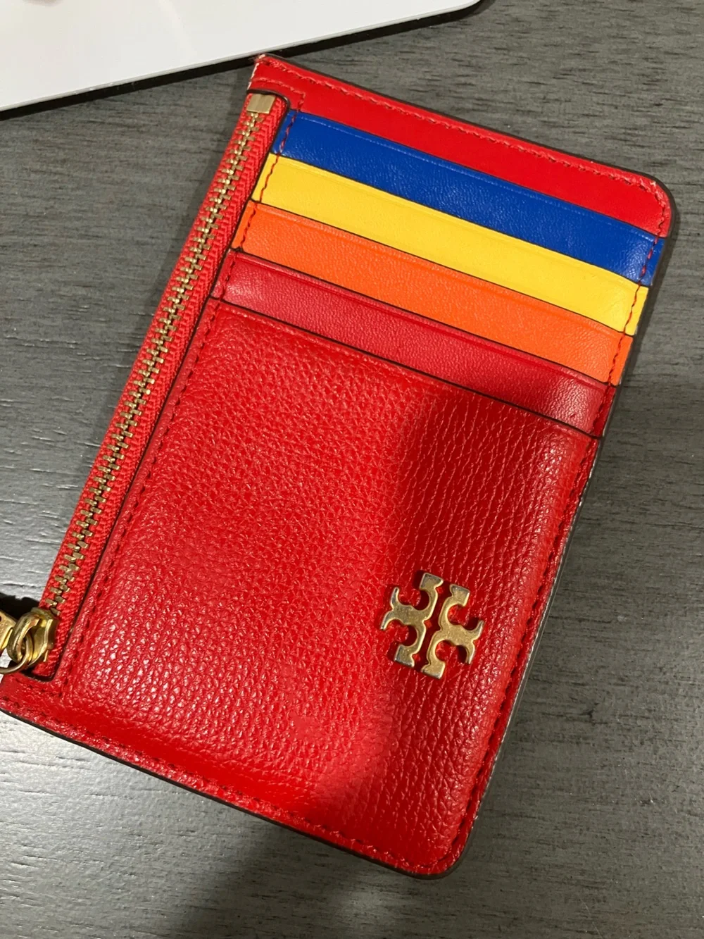 Tory Burch Red Leather Card Case with Colored Stripe Slots